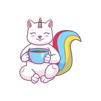 desenho animado fofa caticorn personagem com chá ou café vetor