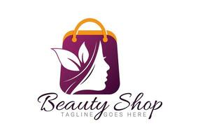 beleza produtos fazer compras vetor logotipo Projeto com menina face e folhas