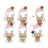desenho animado personagem do gelo creme morango com vários chefe de cozinha emoticons vetor