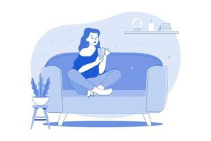 garota tomando café e relaxando no sofá vetor