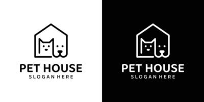 animal casa logotipo Projeto modelo. cachorro e gato com casa linha arte Projeto gráfico vetor ilustração. símbolo, ícone, criativo.