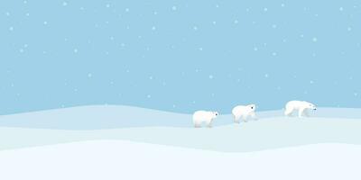 polar ursos família caminhando em gelo ter queda de neve às norte pólo vetor ilustração. neve panorama conceito com em branco espaço.