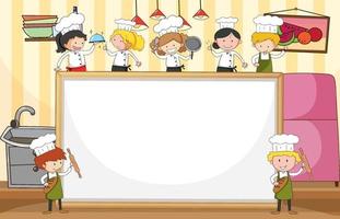 banner em branco com muitos pequenos chefs na cozinha vetor