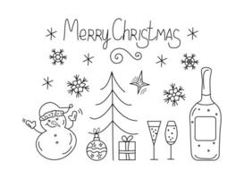 Natal ícones, doodle. feriado, Novo ano, inscrição, desenho, esboço. feriado projeto, vetor linear desenho animado desenhos. Natal árvore, presentes, boneco de neve. vinho, bebida, champanhe. vinho vidro, garrafa.