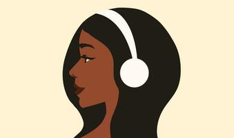 lindo africano americano mulher ouvindo em fones de ouvido. social meios de comunicação jogador aplicativo, música terapia, música amante e entretenimento vetor ilustração