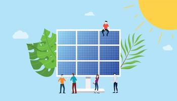 painel solar de energia elétrica com equipe de pessoas vetor