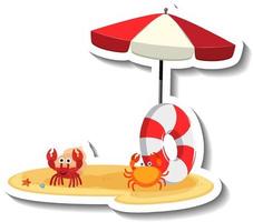 caranguejo na areia com guarda-sol e anel de natação vetor