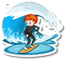 adesivo de menino na prancha de surf com onda de água vetor