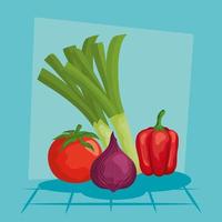 alho-poró, cebola, pimenta e tomate, desenho vetorial vetor