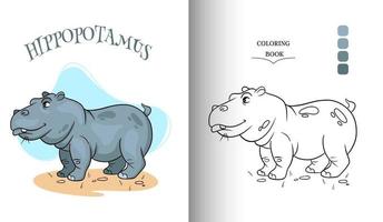 hipopótamo engraçado personagem animal na página para colorir de estilo cartoon. vetor