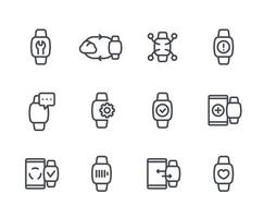 ícones de linha de relógio inteligente definidos em branco, aplicativo de fitness, dispositivo vestível vetor