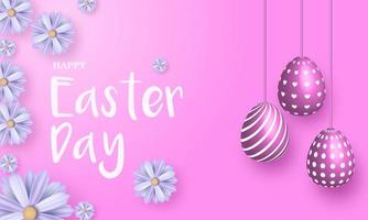 fundo de Páscoa feliz com flores e ovos rosa decorados. vetor