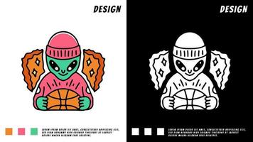 exagero alienígena segurando basquete, ilustração para camiseta vetor