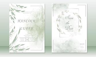 cartão de convite de casamento com fundo aquarela e folhas verdes vetor