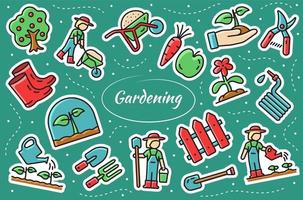 conjunto de adesivos relacionados com jardinagem. ilustração vetorial. vetor