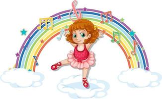 bailarina dançando na nuvem com símbolos de melodia no arco-íris vetor