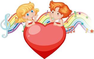 casal de personagens de anjo cupido com símbolos de melodia no arco-íris vetor