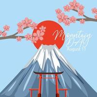 banner do dia da montanha em 11 de agosto com monte fuji e sol vermelho vetor