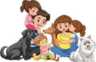 família feliz com seus animais de estimação em fundo branco vetor