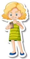 uma garota usando um adesivo de personagem de desenho animado de smartphone vetor