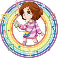 garota em moldura redonda de arco-íris com símbolos de melodia vetor
