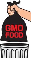mão segurando um saco de lixo de plástico preto com comida OGM vetor