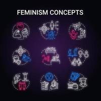 Conjunto de ícones de conceito de luz de néon feminismo vetor