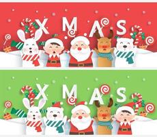 banner de Natal com um papai noel fofo e amigos em corte de papel. vetor