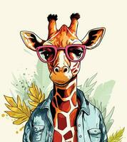 uma girafa vestindo uma azul camisa e Rosa óculos irradia curiosidade e intelectual charme. vetor ilustração