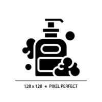 2d pixel perfeito xampu garrafa glifo estilo ícone, isolado vetor, cuidado capilar simples Preto silhueta ilustração. vetor