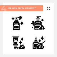 2d pixel perfeito glifo estilo ícones pacote representando cuidado capilar, simples Preto silhueta ilustração. vetor