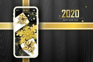 alegre Natal e Novo ano horizontal banner.old madeira fundo com realista Preto tom presente caixas, ouro flocos de neve e espumante luz guirlandas.smartphone e Móvel compras conectados vetor