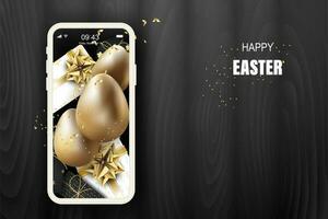 feliz Páscoa letras fundo.eggs e presente realista dourado brilho decorado venda banner, criativo gráfico.vetor ilustração.promoção para pôster.decorativo Smartphone compras conectados conceito vetor