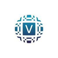 inicial carta v círculo digital tecnologia eletrônico pixel emblema logotipo vetor