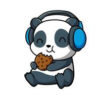 fofa panda ouvindo música com fone de ouvido ea bolacha vetor