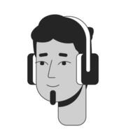 hipster indiano cara com alma fragmento barba Preto e branco 2d linha desenho animado personagem cabeça. fones de ouvido sul ásia cara barbudo isolado vetor esboço pessoa face. monocromático plano local ilustração