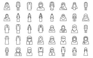 muçulmano moda ícones conjunto esboço vetor. árabe casual menina vetor