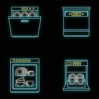 lava-louças máquina cozinha ícones conjunto vetor néon