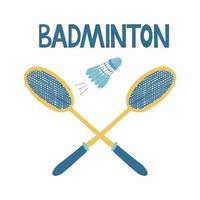 pôster de badminton com duas raquetes e uma peteca voadora vetor
