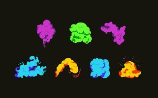 fumaça explosão animação do a explosão com quadrinho vôo nuvens. conjunto do isolado vetor ilustrações para crio a explosão efeito. a efeito do fumaça movimento, brilhar e dinâmico estrondo.