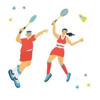 jogo de badminton de duplas mistas. homem e mulher vetor