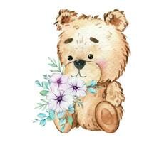 fofa bebê Urso aguarela ilustração, pequeno Urso com balões isolado em branco fundo. mão desenhado adorável animal para berçário decoração crianças ilustração. bebê chuveiro conceito vetor