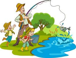 vetor ilustração do pai e crianças pescaria