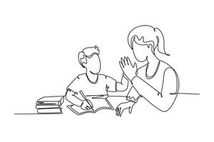 solteiro contínuo linha desenhando jovem feliz mãe acompanhar dela criança estudando e lendo uma livro enquanto dar Alto cinco gesto. parentalidade família Cuidado conceito. 1 linha gráfico Projeto vetor ilustração