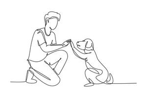 solteiro 1 linha desenhando do jovem feliz Garoto dando Alto cinco gesto para dele cachorro cachorro às campo externo parque. animal Cuidado e amizade conceito. moderno contínuo linha desenhar Projeto gráfico vetor ilustração