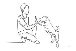 solteiro contínuo linha desenhando do jovem feliz Garoto dando Alto cinco gesto para dele cachorro cachorro às campo externo parque. animal Cuidado e amizade conceito. dinâmico 1 linha desenhar gráfico Projeto vetor ilustração