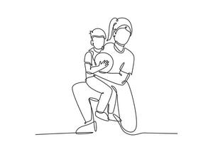 solteiro 1 linha desenhando do jovem feliz mãe abraçando dela criança este carregado uma cesta bola em basquetebol tribunal. parentalidade família conceito. moderno contínuo linha desenhar Projeto gráfico vetor ilustração