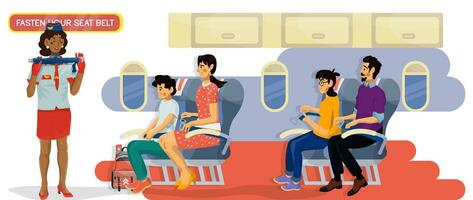 vetor ilustração do mulher comissária de bordo quem mostra quão para apertar seu assento cinto dentro uma cabine em uma avião