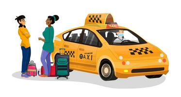 Mather e filha chegado para a aeroporto em uma Táxi vetor
