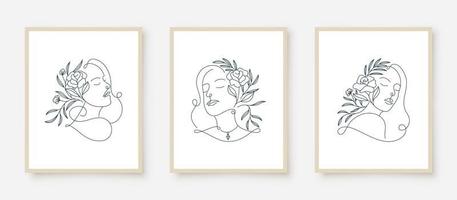 conjunto de retratos de mulher com moldura floral vetor